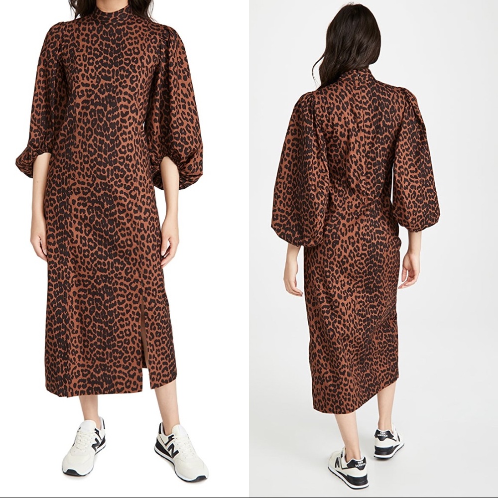 GANNI Printed Cotton Poplin Mockneck Toffee Leopard Maxi Dress size 34 (US 2)